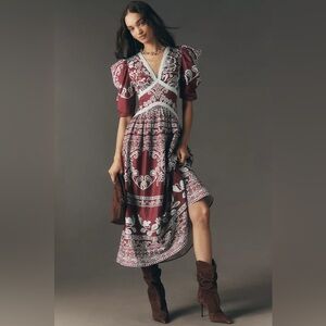 FARM Rio Burgundy and White Patterned Dress
